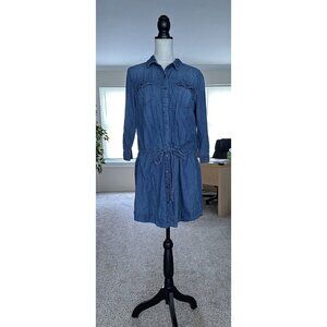 Old Navy Belted Denim Shirt Dress Drop Waist Pocket 3/4 Sleeve sz L Utility